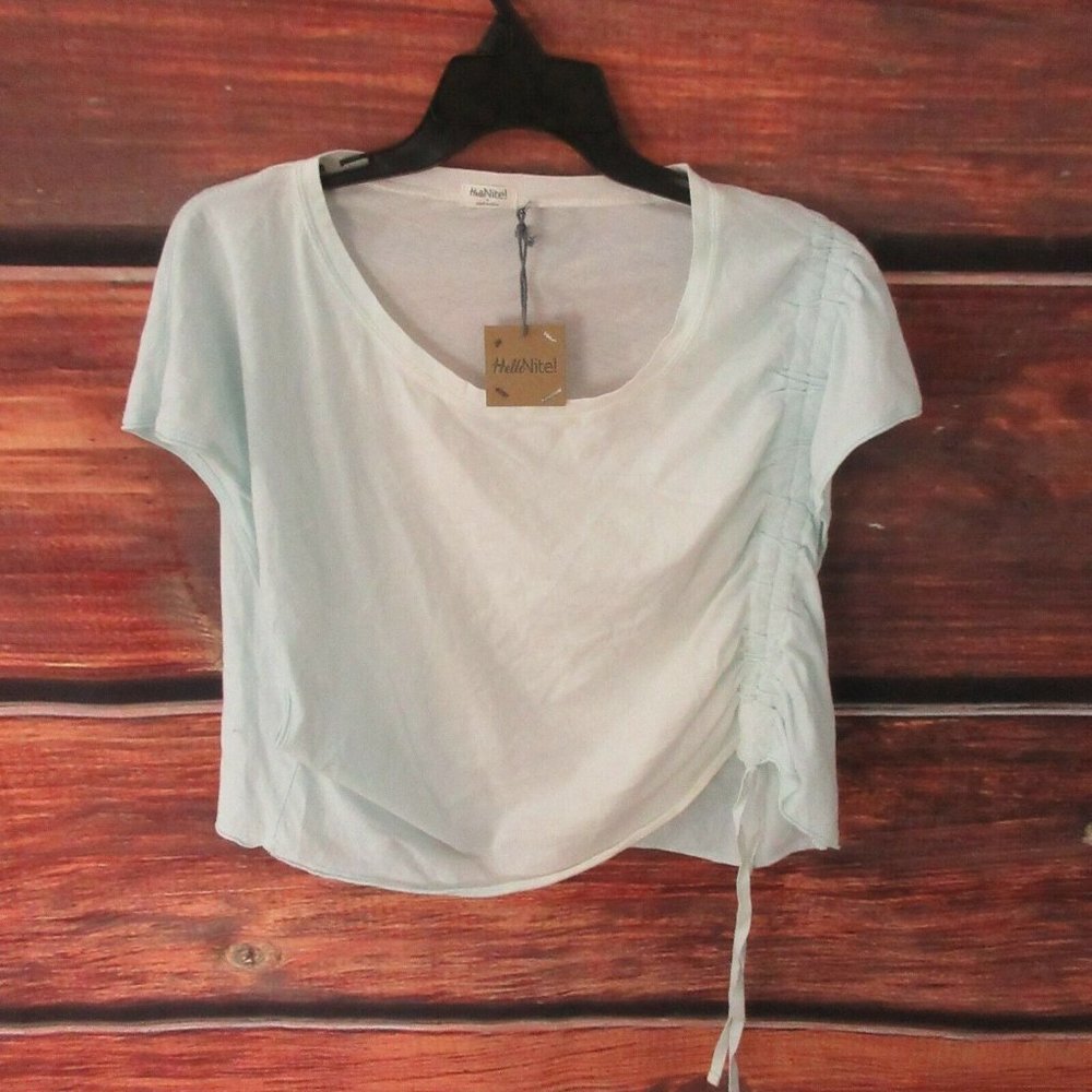 hello nite! top S crop white to smoke Blue Wide Sleeve Ruched Top NEW!